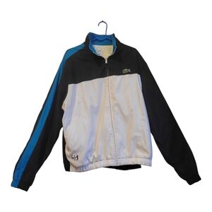 Lacoste Men's Black and White Windbreaker with Blue Accents